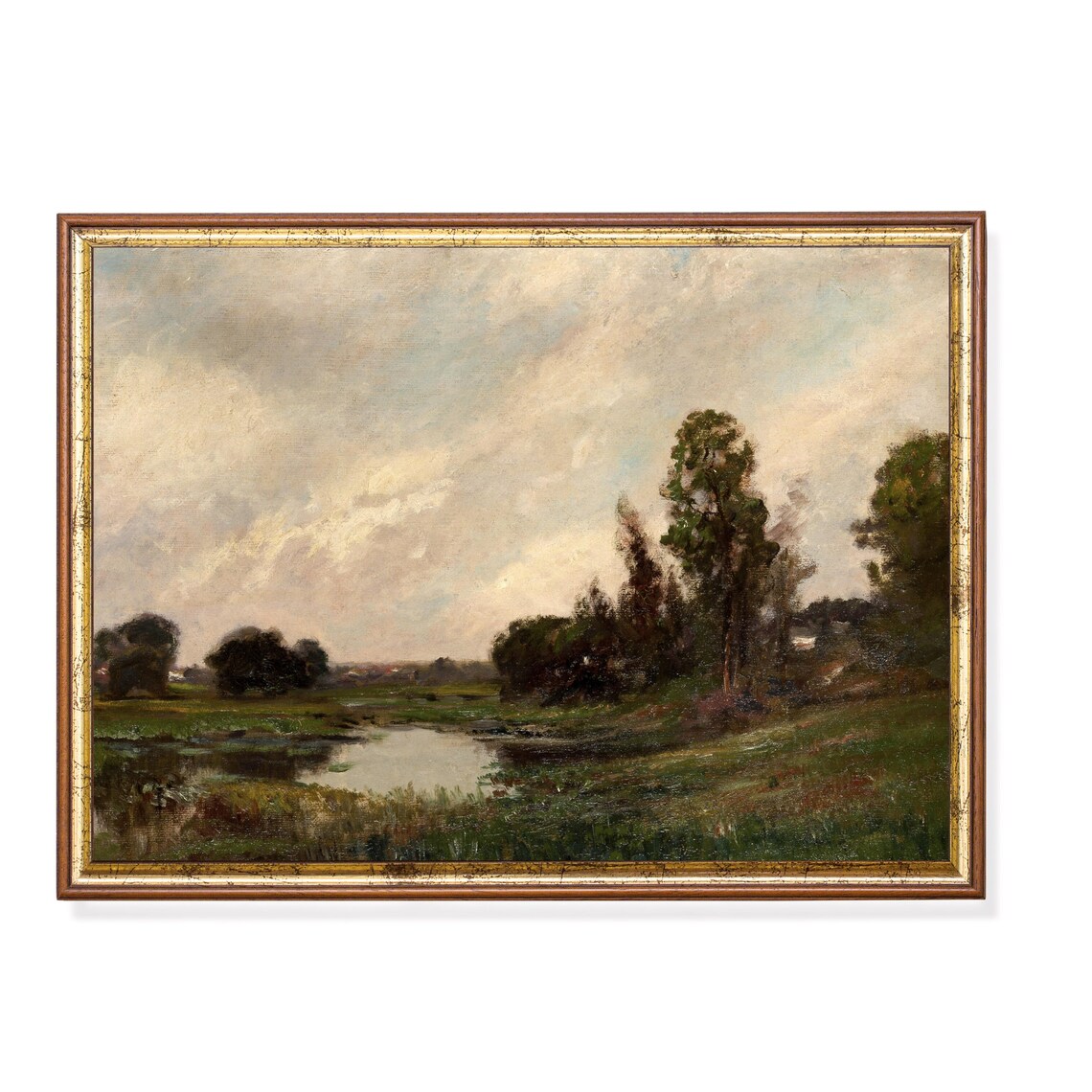 Meadow Pond Cloudy Sky Antique Rural Landscape Painting Poster