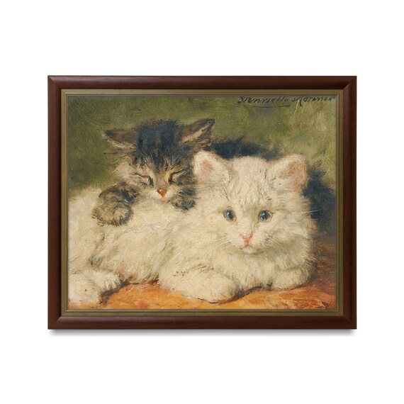 Two Kittens White and Tabby Cuddling Henriette Ronner Vintage Cat Poster