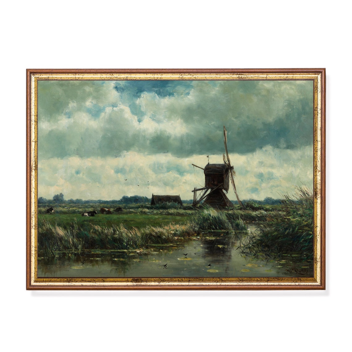 Windmill by a Reedy River with Cows Grazing in the Meadow Poster