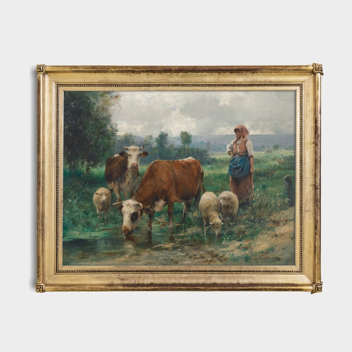 Vintage Shepherdess With Her Flock Country Art Print - Image 2
