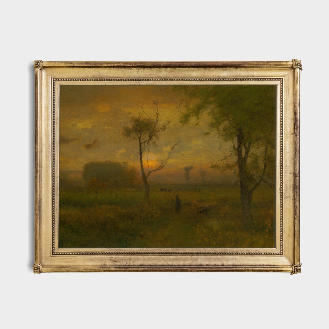 Golden Sunset Meadow With Lone Figure Vintage Tonalist Painting Poster - Image 2