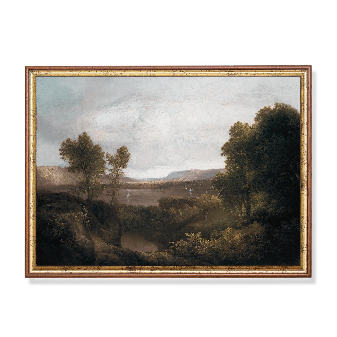 Wide River Valley with Distant Sailboats Antique Landscape Poster