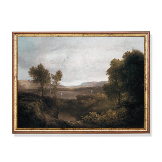 Mailed Print Riverscape Painting Vintage Wall Art Antique Landscape Print Moody Rustic Art Farmhouse Decor Printed And Shipped