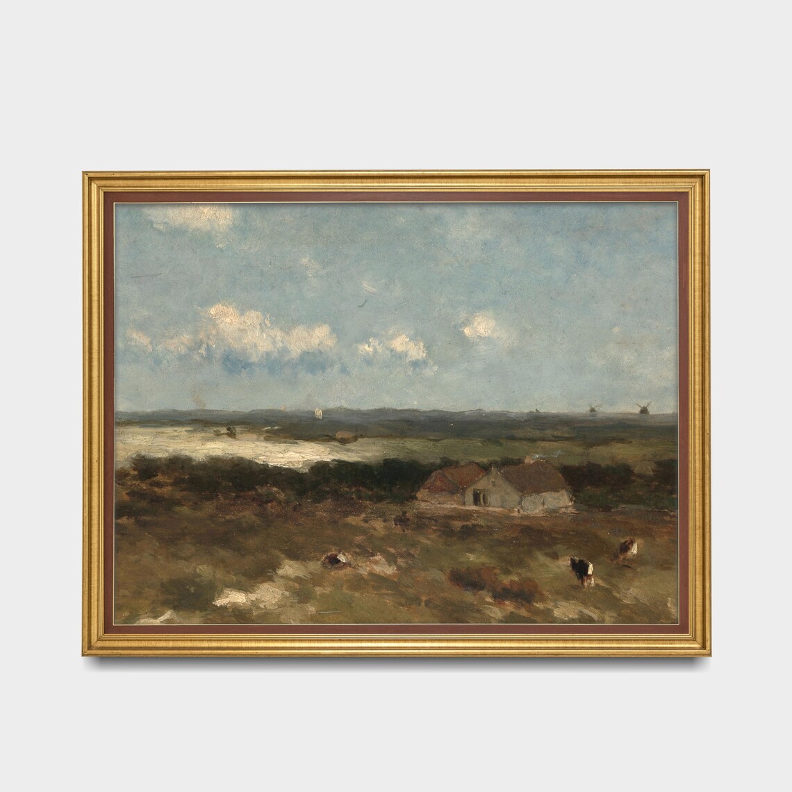 Dutch Heath Farmhouse with Cows and Windmills Landscape Poster - Image 3