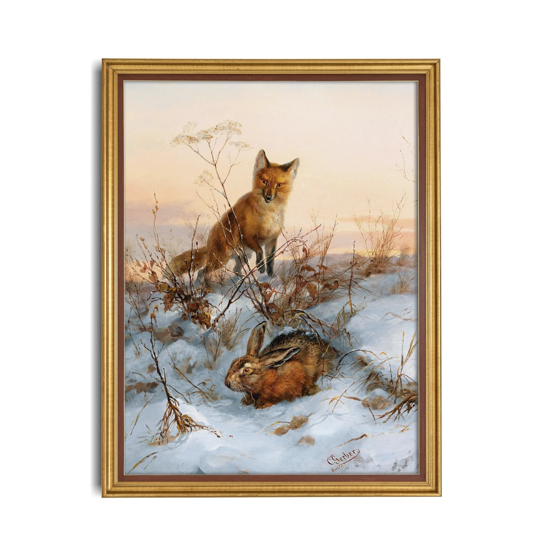 Red Fox Stalking a Hare in the Snow Vintage Winter Art Poster - Image 3