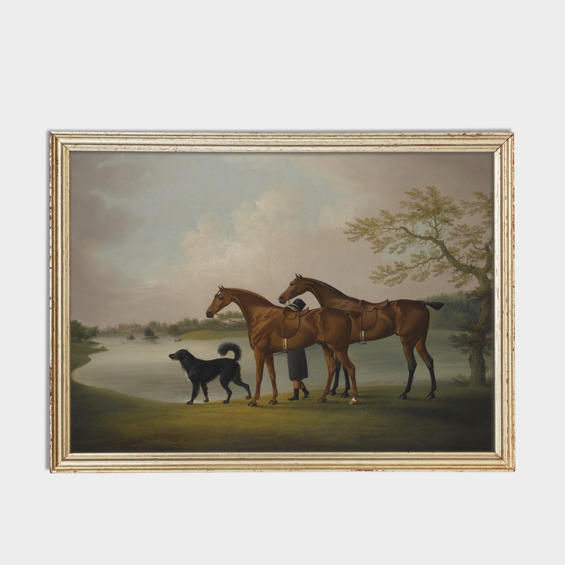 Two Horses Lake Black Dog Groom Antique Equestrian Scene Poster - Image 2