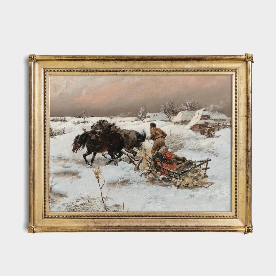 Two Horses Pulling A Wooden Sleigh Through Snow Vintage Winter Poster - Image 2
