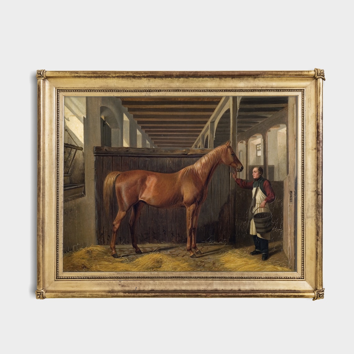 Chestnut Horse Greeted by a Groom with a Bucket Stable Poster - Image 4