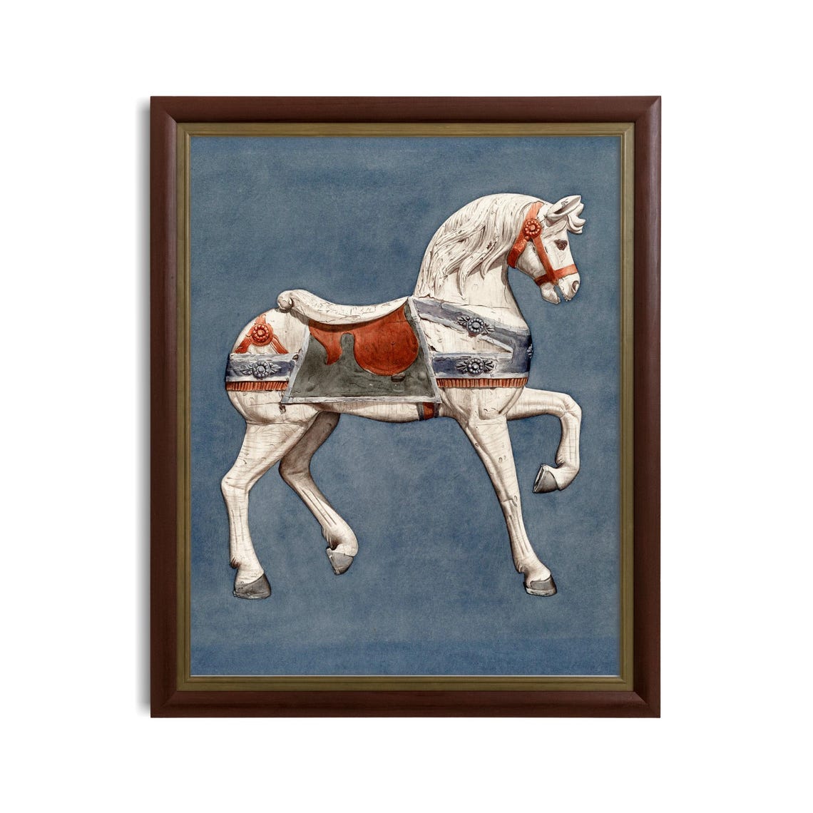 White Carousel Horse Blue Background Vintage Whimsical Poster - Image 4