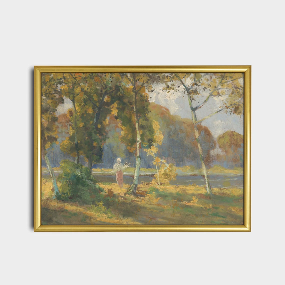 Autumn Birch Forest by a River Vintage Landscape Painting Poster - Image 2