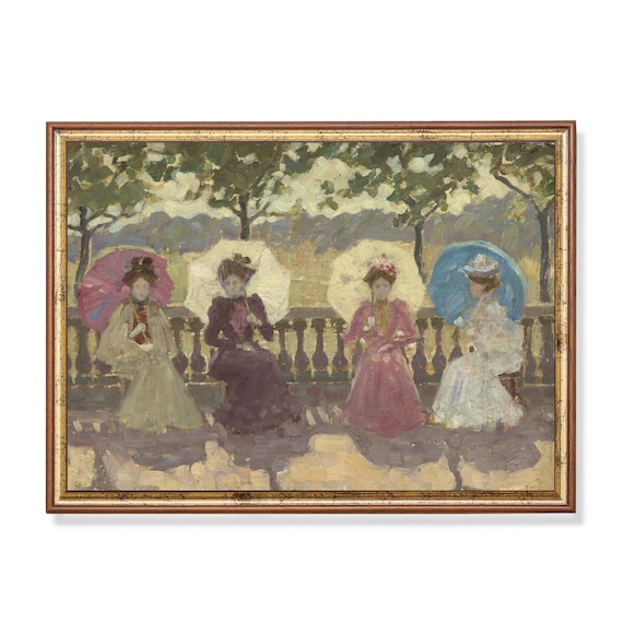 Four Women with Colorful Parasols on a Terrace Vintage Poster