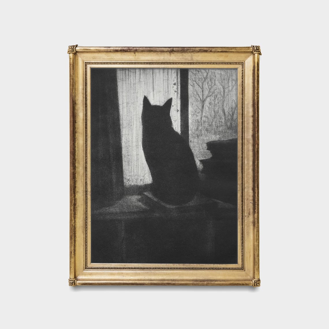 Black Cat Silhouette by a Window Dark Charcoal Sketch Poster - Image 5