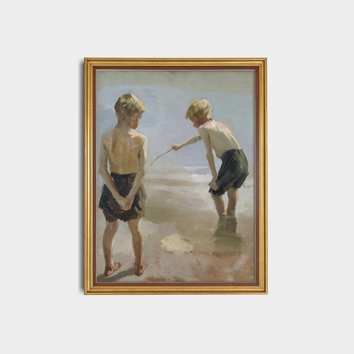 Two Boys on the Beach Vintage Oil Painting Nostalgic Art Poster - Image 3
