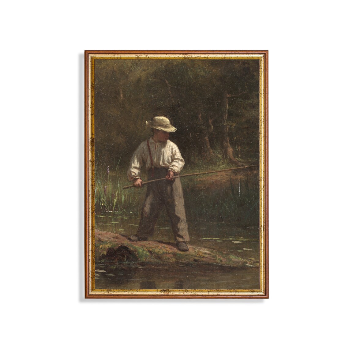 Vintage Boy Fishing Painting, Rustic Wall Art Print