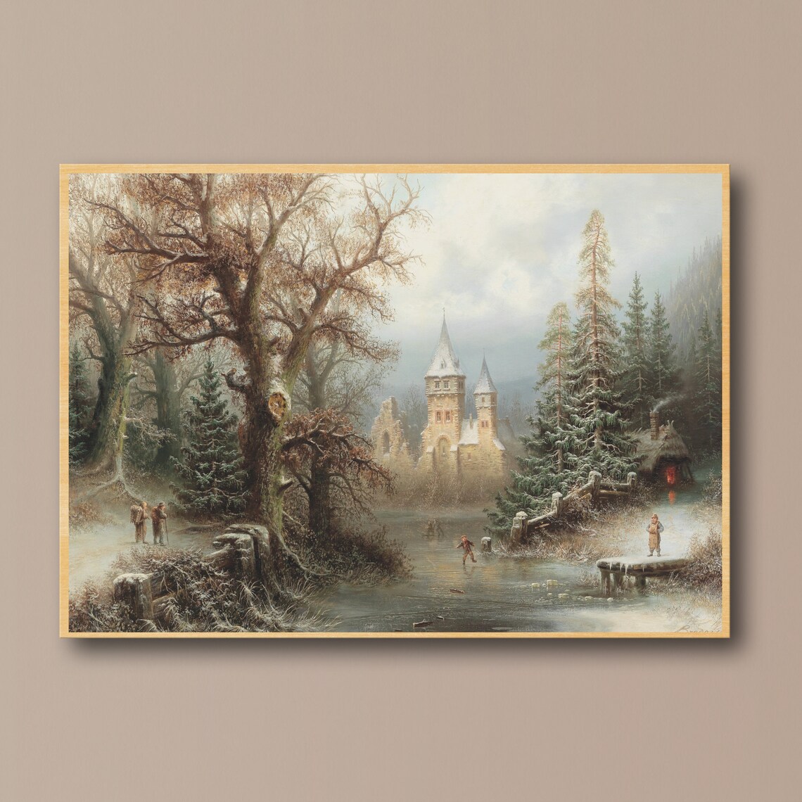 Ice Skaters on Frozen River Below Snowy Castle Winter Poster - Image 2