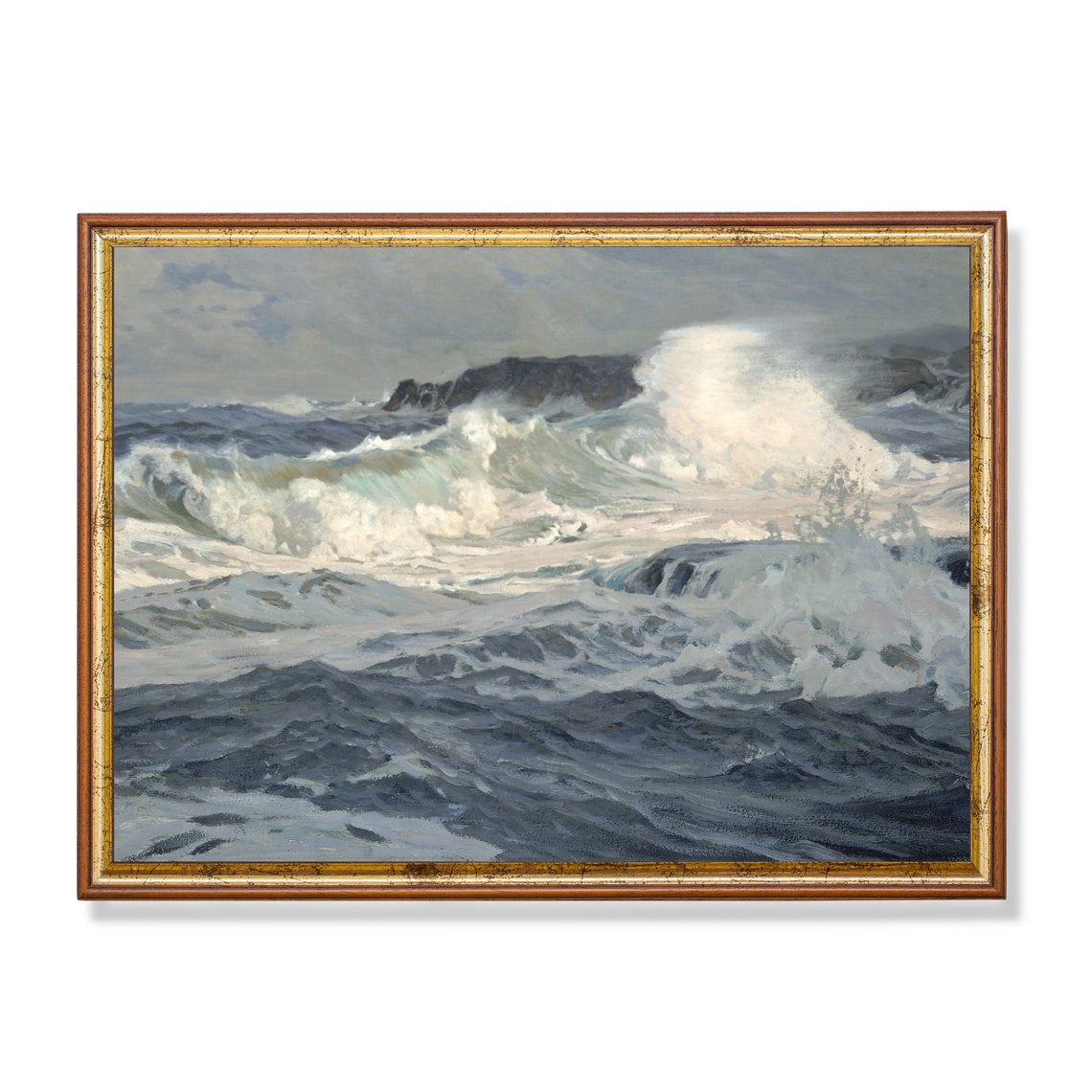 Crashing Ocean Waves Against a Rocky Headland Vintage Seascape Poster