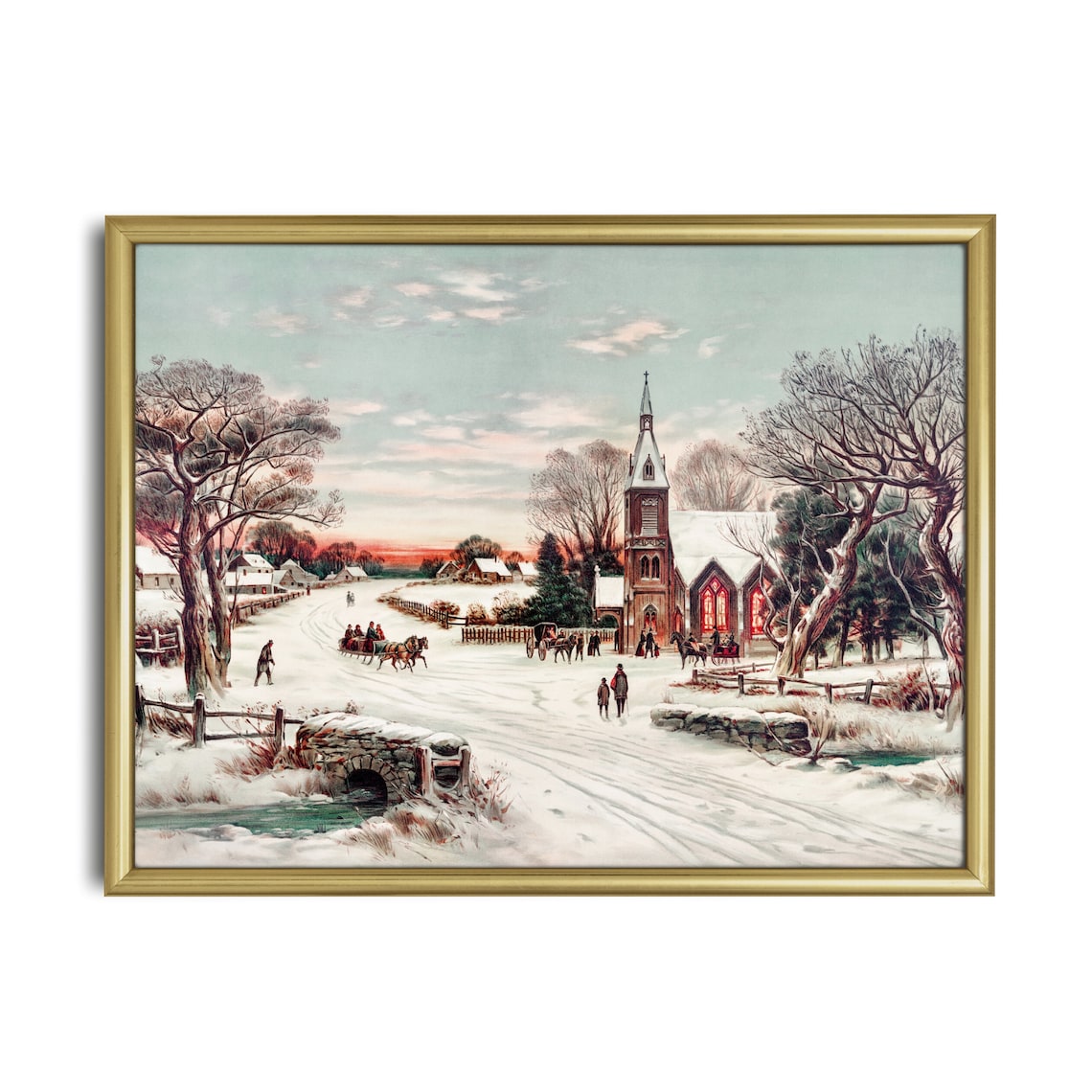 Victorian Christmas Village Church With Horse Sleighs Poster - Image 2