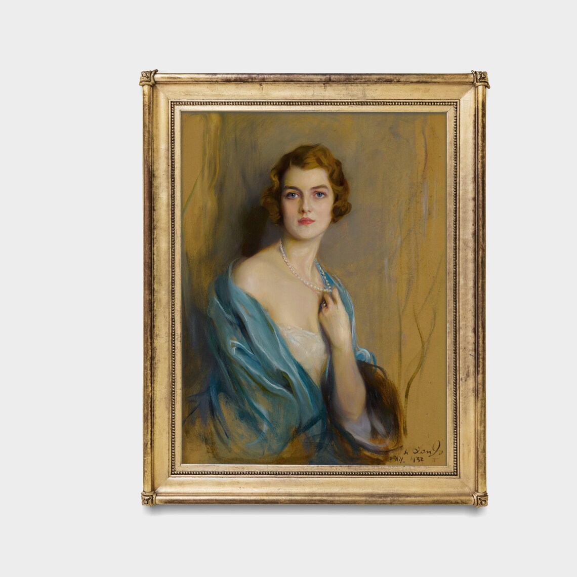 Elegant Woman With a Pearl Necklace and Blue Shawl Portrait Poster - Image 3
