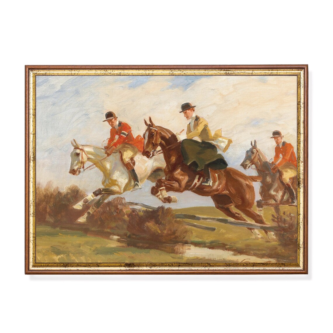 Fox Hunters on Horseback Leaping a Fence Vintage Sporting Poster