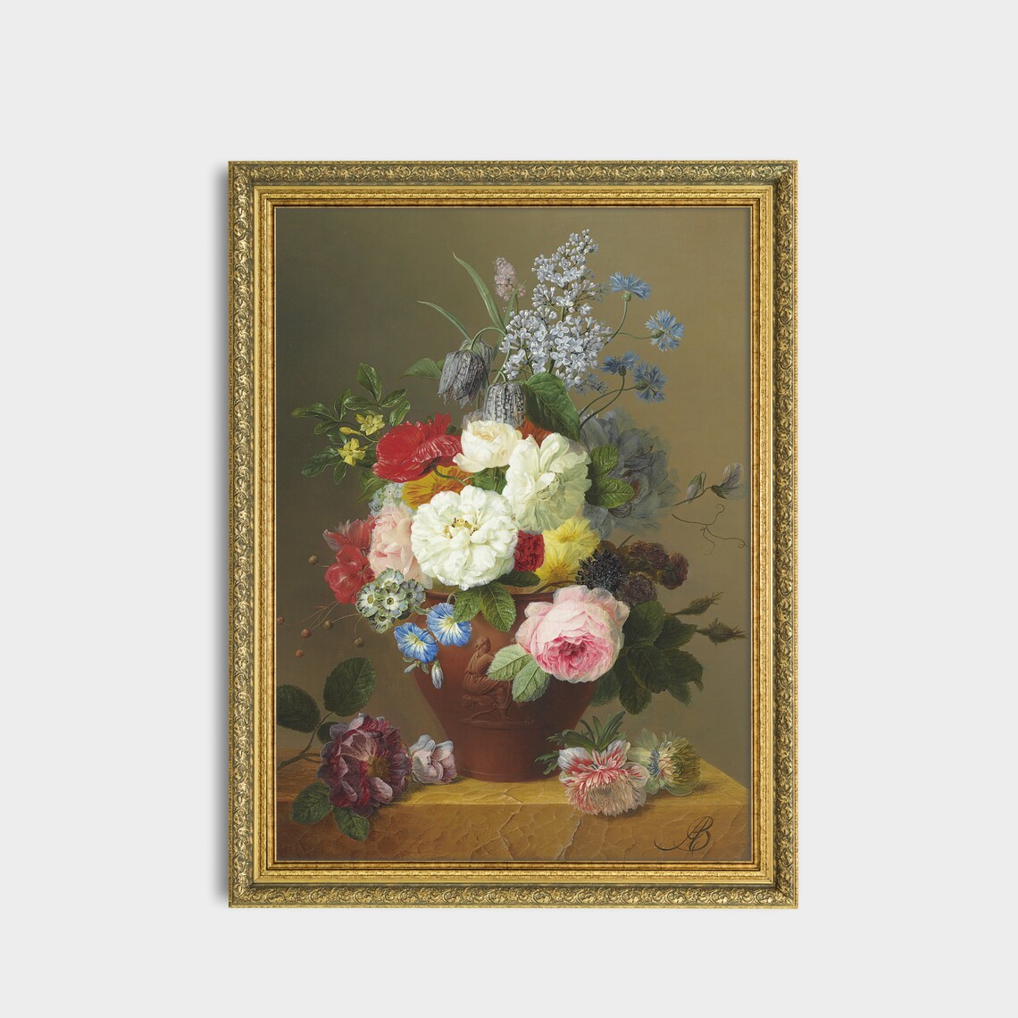 Terracotta Vase of Roses Lilies and Cornflowers Still Life Poster - Image 3