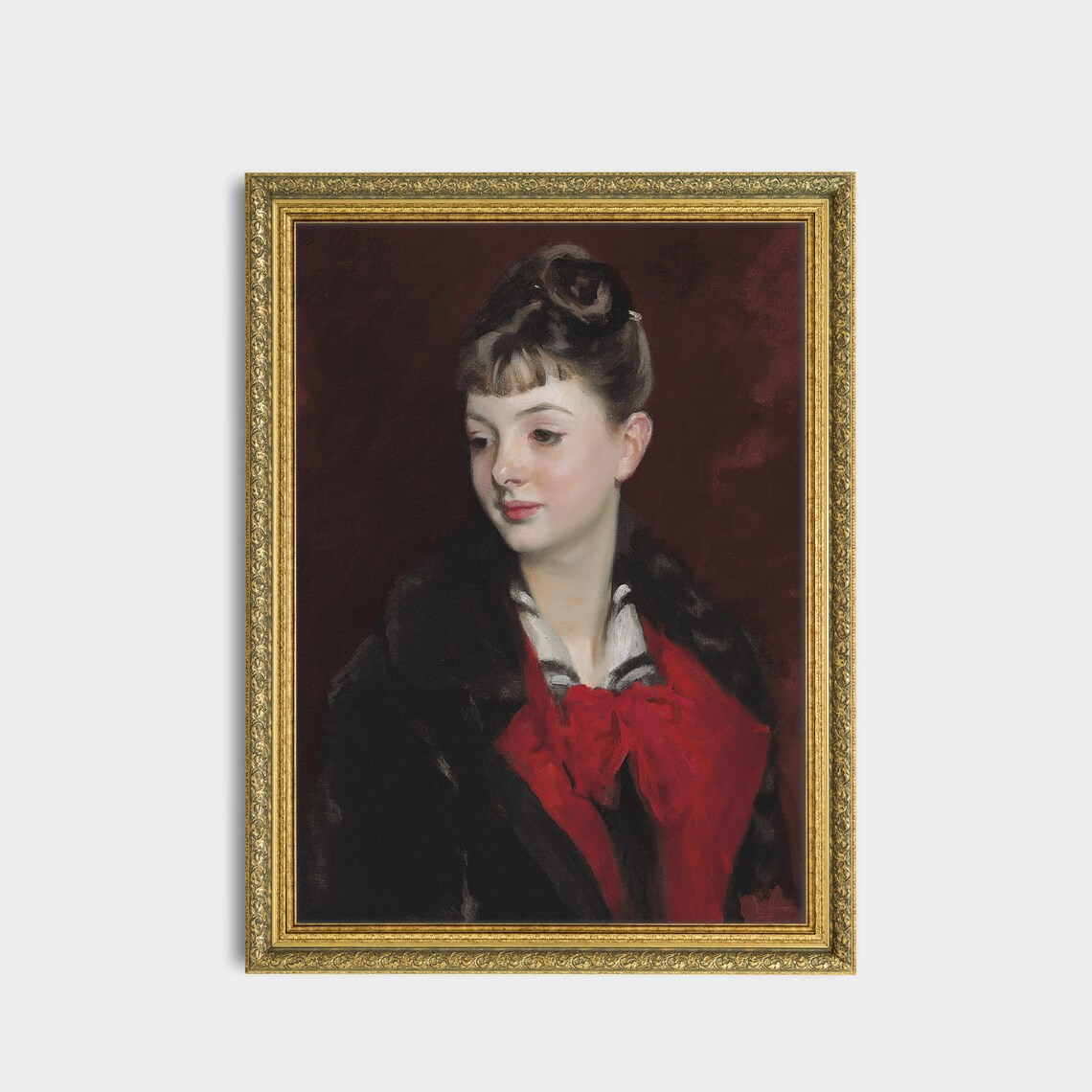 Vintage Woman Portrait in Red Bow Antique 19th Century Wall Art - Image 3