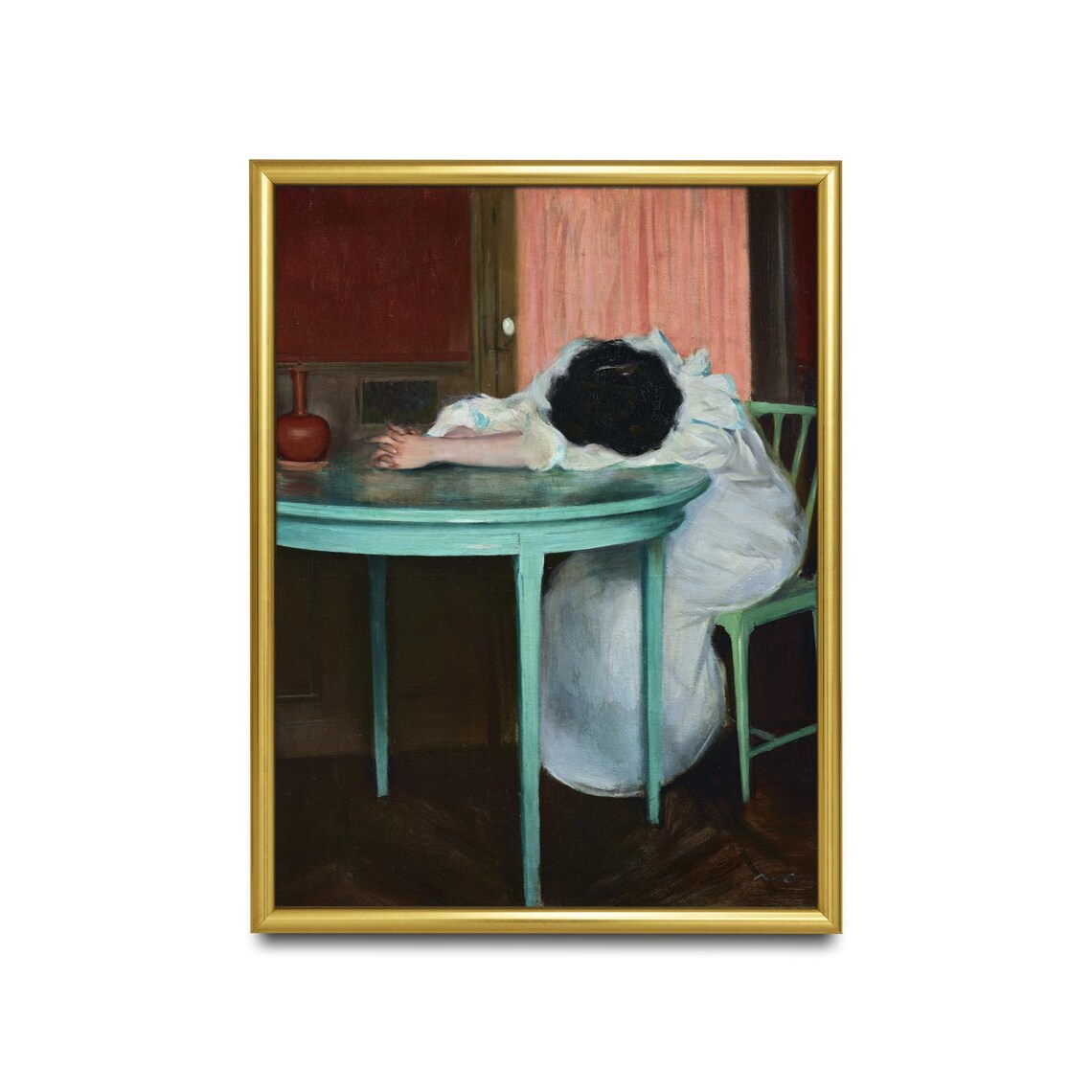 Antique Woman Resting At Green Table Interior Painting Wall Poster - Image 2