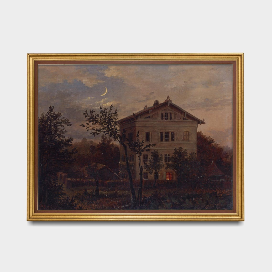Moonlit Villa with Crescent Moon and a Single Lit Window Night Poster - Image 5