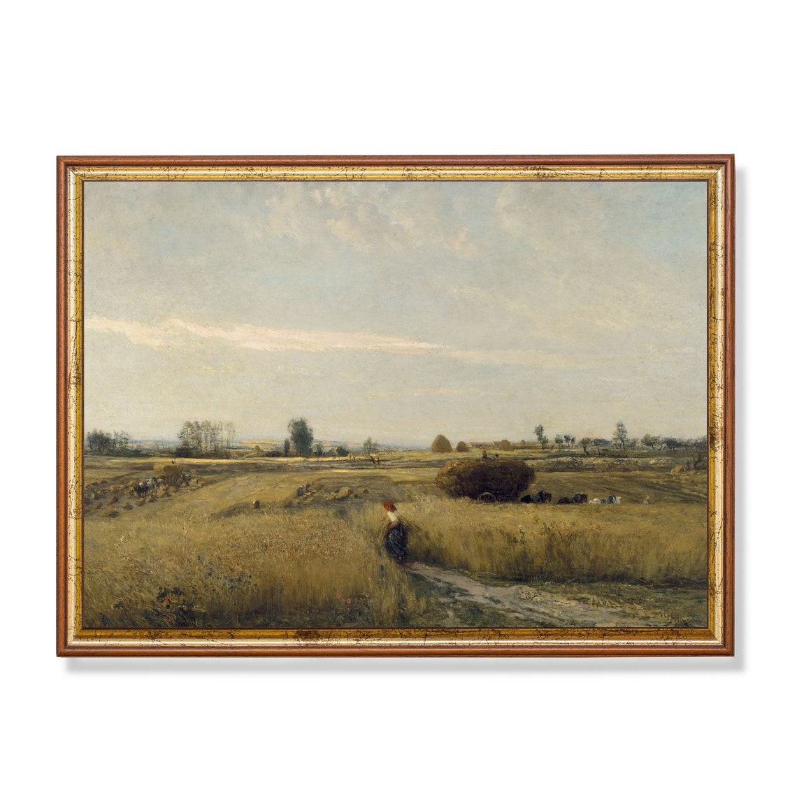 Golden Wheat Harvest Field with Workers and Haystacks Poster