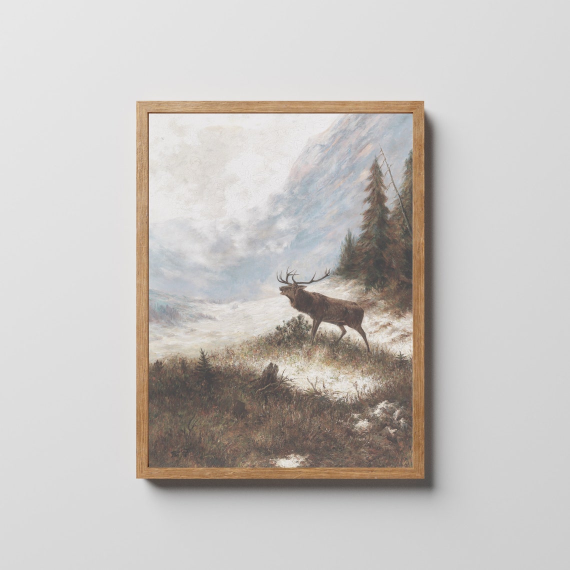 Stag Bellowing on a Snowy Mountain Hillside Vintage Wildlife Poster