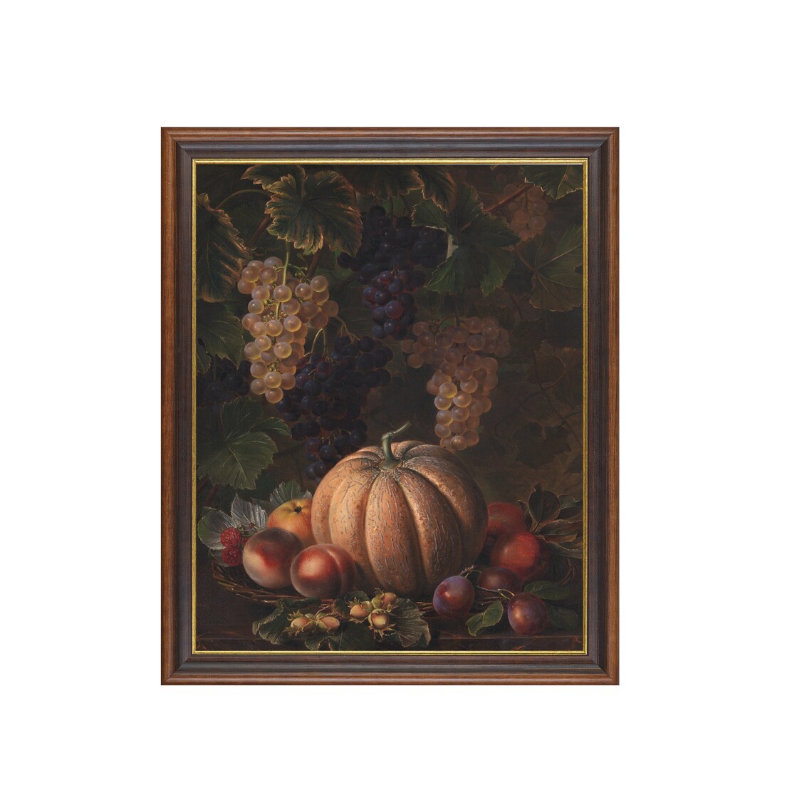 Moody Vintage Fruit Still Life Oil Painting Poster with Melon and Grapes