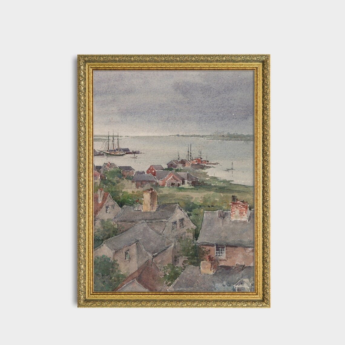 Coastal Village Rooftops and Sailboat Harbor Watercolor Art Poster - Image 2
