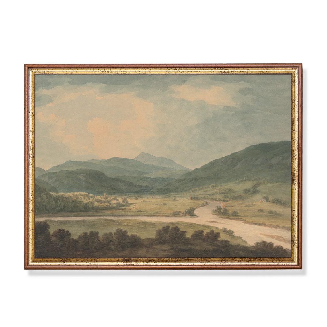 Peaceful Green Valley River Landscape With Rolling Hills Poster