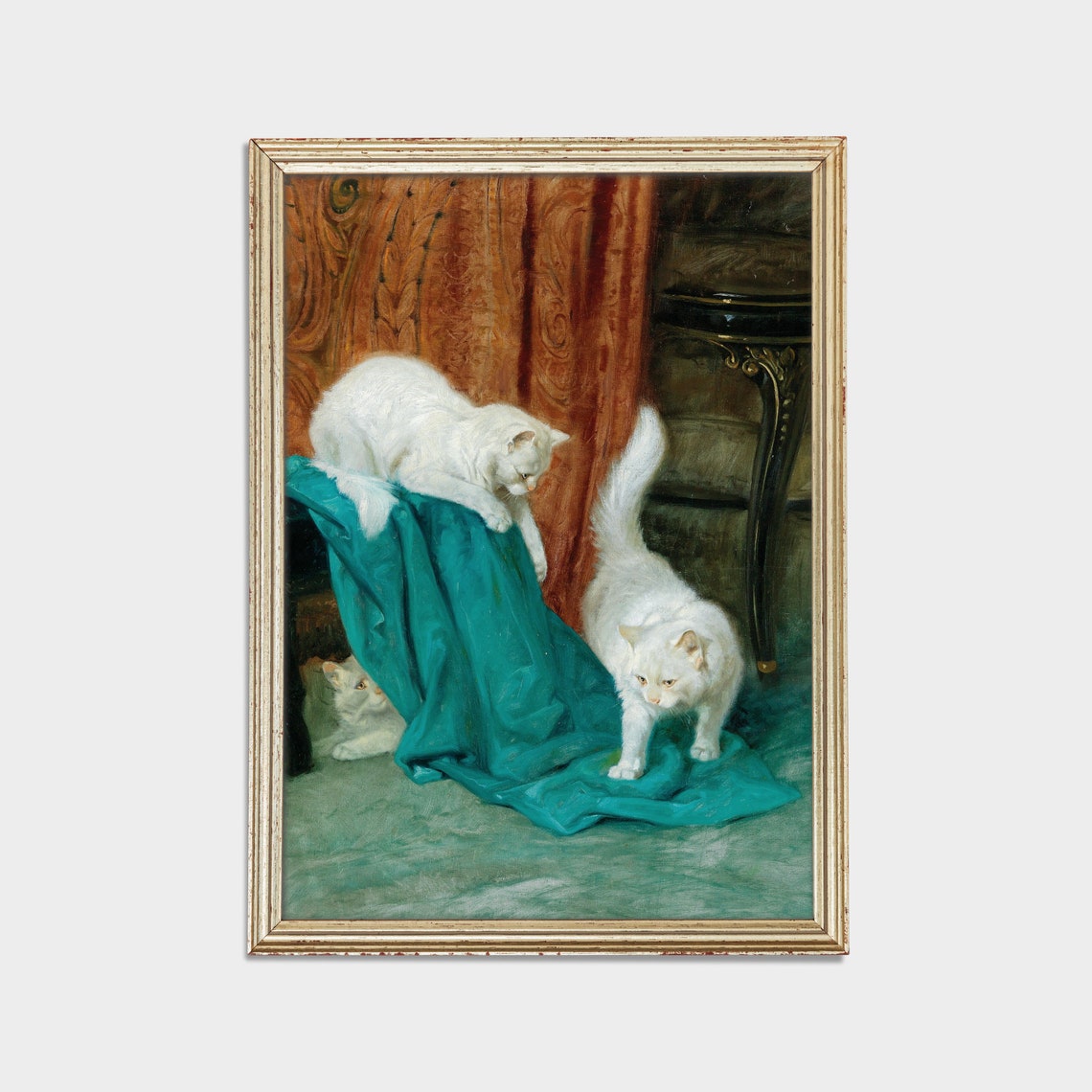 Three White Cats Playing With Teal Fabric In The Parlour Poster - Image 2