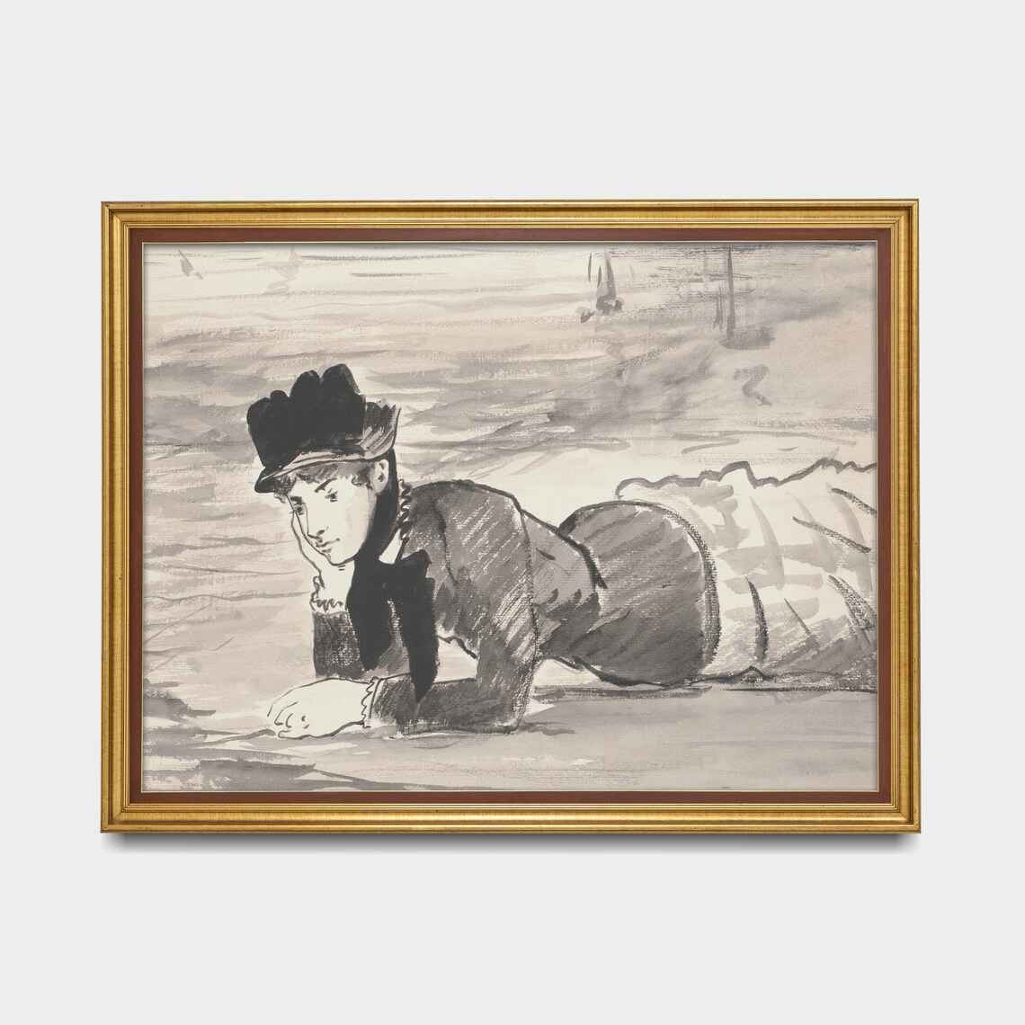 Elegant Woman in a Hat Reclining on a Beach Ink Wash Sketch Poster - Image 5