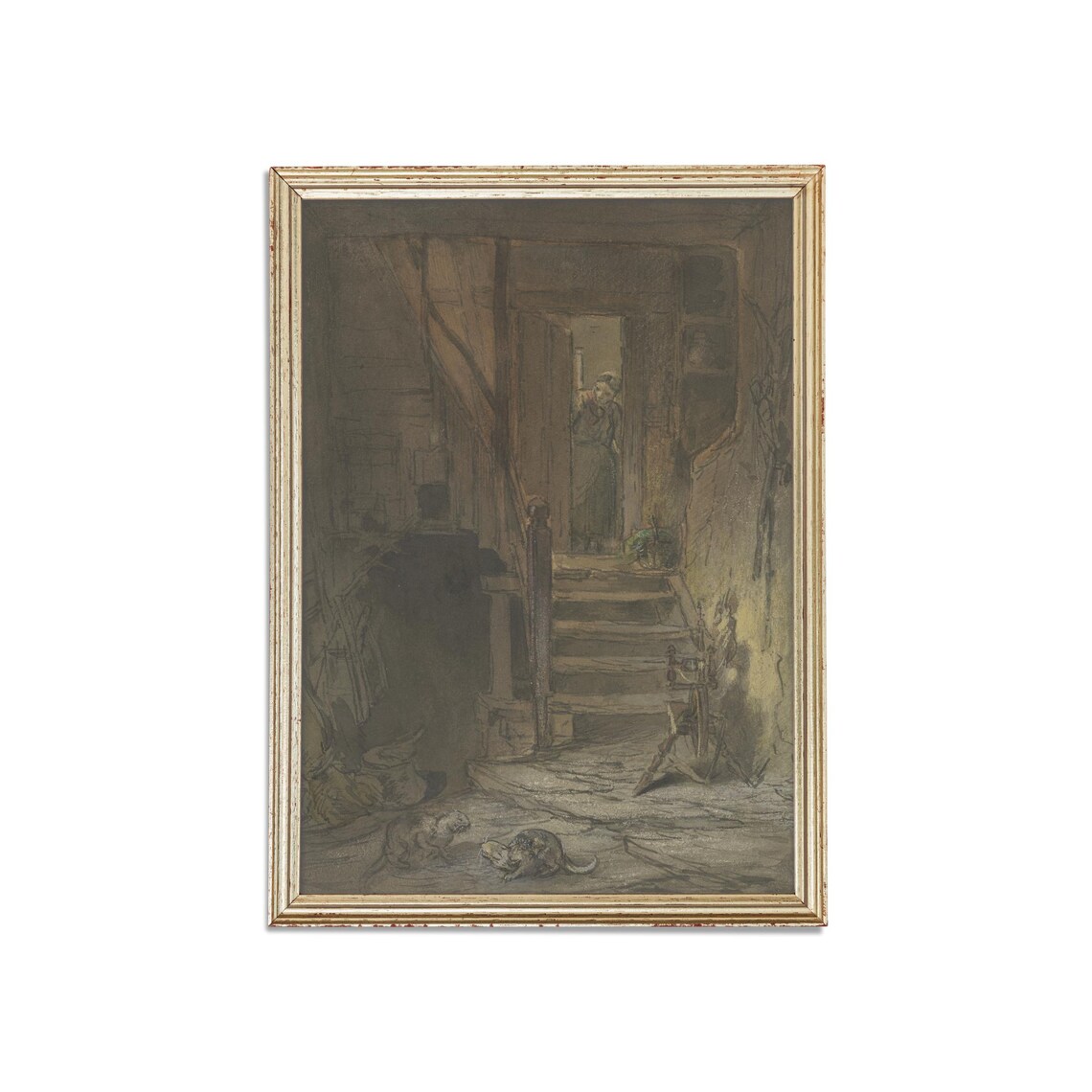 Two Cats In A Dark Old Farmhouse Interior Vintage Sketch Poster - Image 3