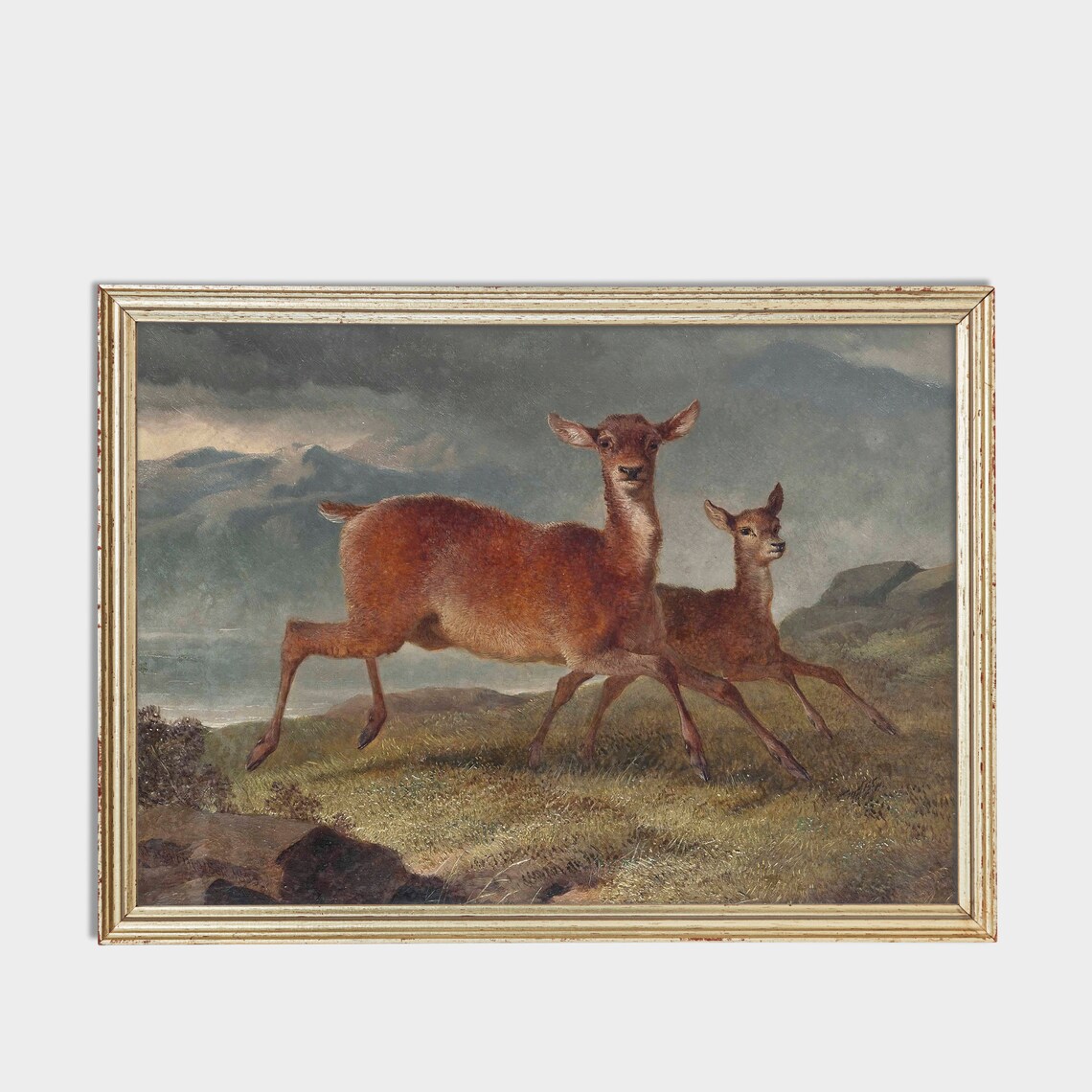 Two Deer Running Across Misty Moorland Vintage Animal Painting Poster - Image 3