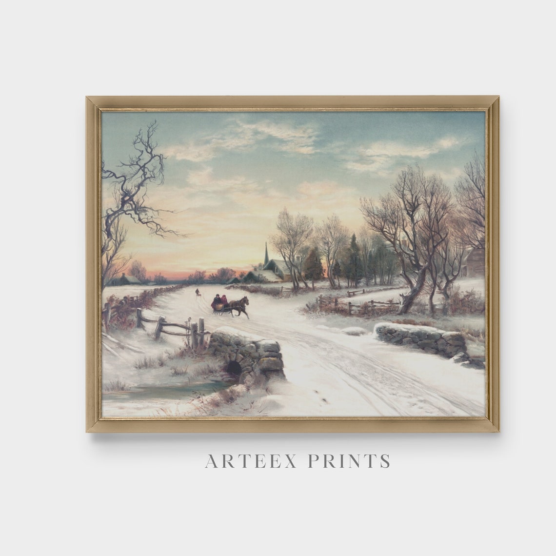 Horse Drawn Sleigh on a Snowy Road at Sunset Vintage Winter Poster - Image 3