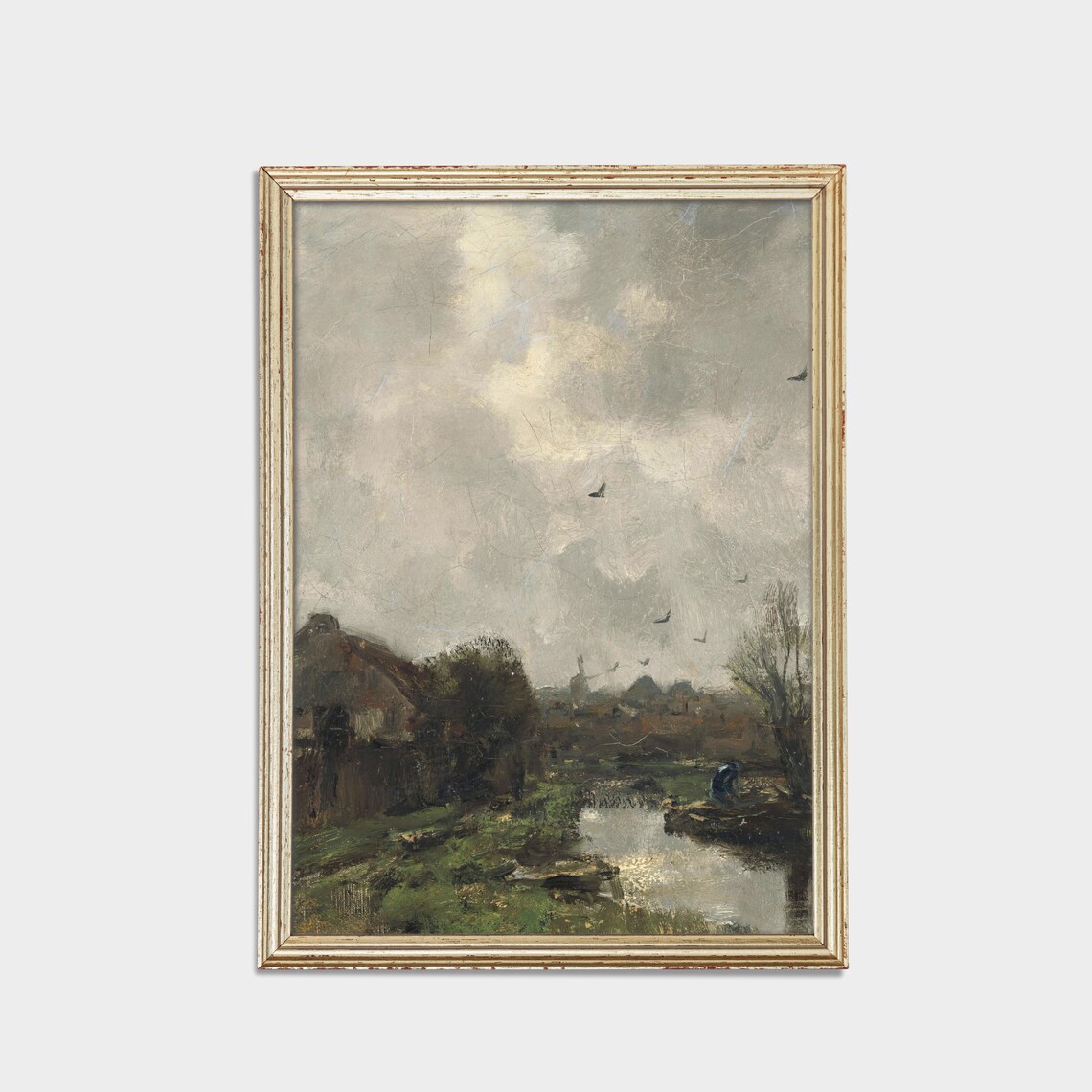 Moody Countryside Cottage Pond Oil Painting with Birds Poster - Image 2