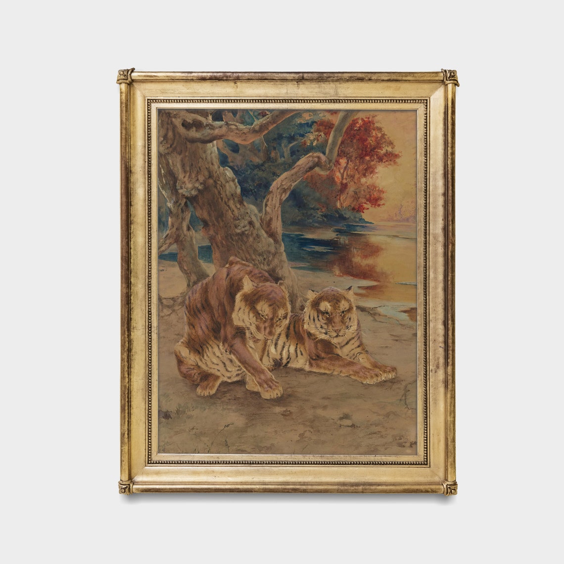 Two Tigers Resting by a River at Sunset Vintage Wildlife Art Poster - Image 3