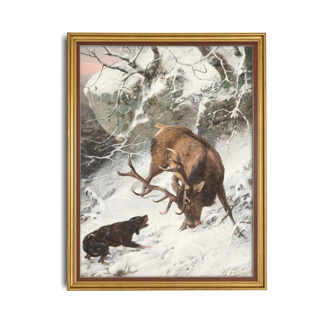 Snowy Forest Stag and Hound Antique Winter Hunting Art Poster - Image 4