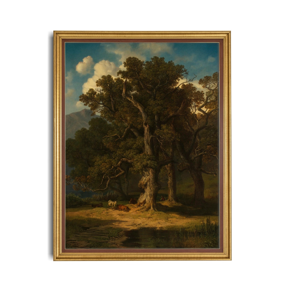 Ancient Oak Trees By Water With Cattle Vintage Landscape Poster - Image 2