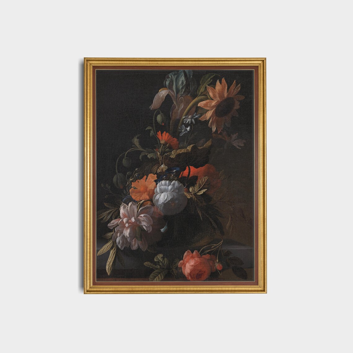 Sunflower and Poppy Bouquet Dark Floral Still Life Antique Poster - Image 2