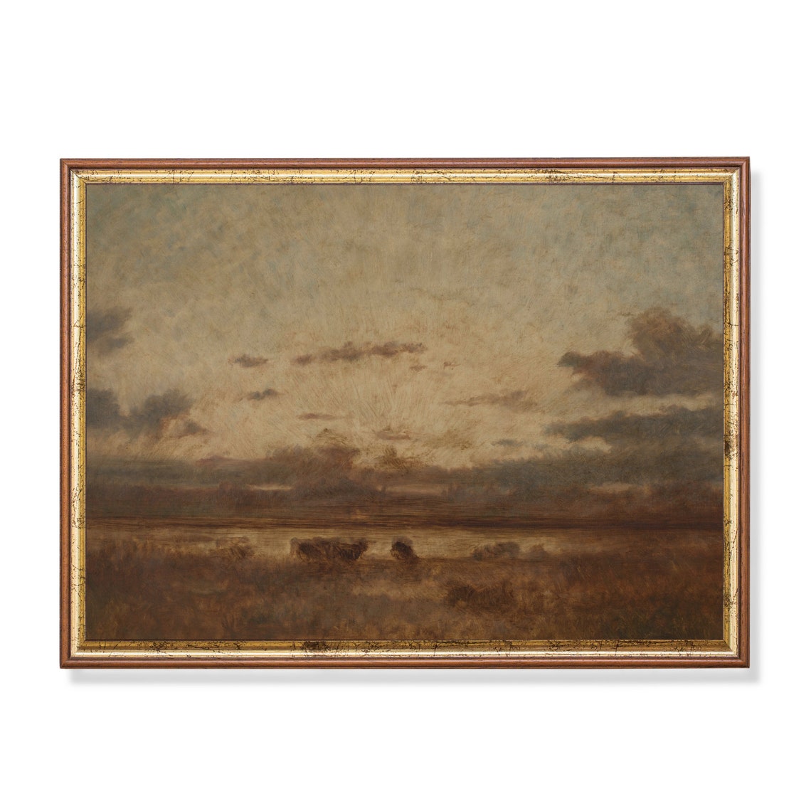 Cattle Grazing in a Marsh Meadow Under a Dramatic Moody Sky Poster