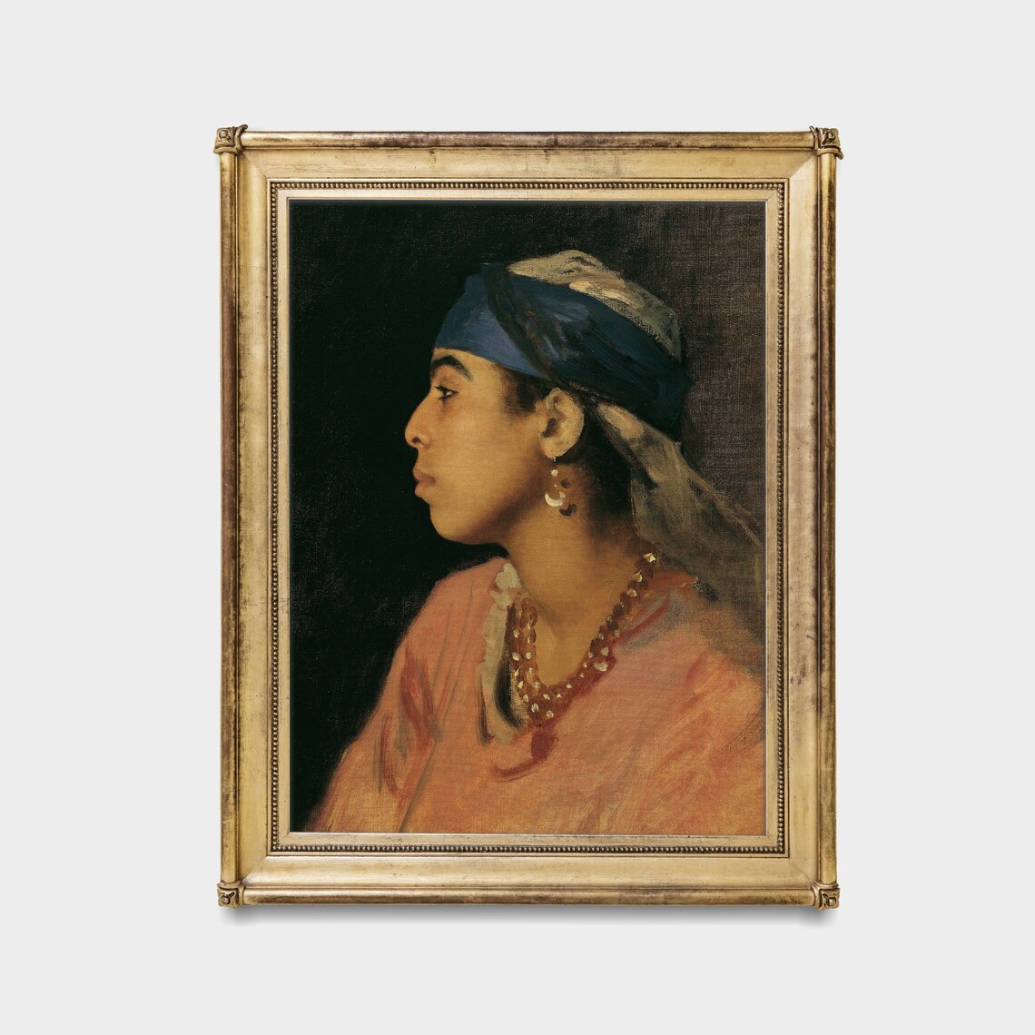 Woman In Blue Headscarf Profile Portrait Moody Classic Oil Painting Poster - Image 4