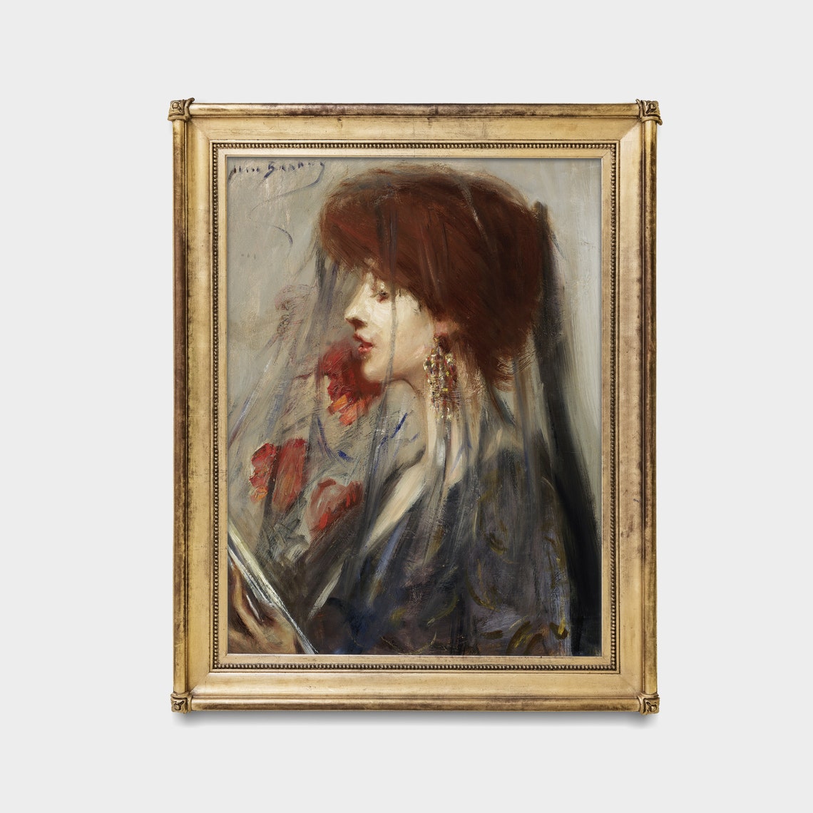 Woman in a Sheer Veil in Profile Impressionist Portrait Poster - Image 3