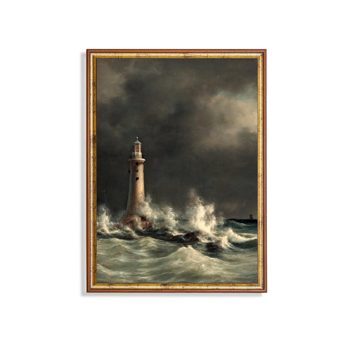 Lighthouse in a Stormy Sea Crashing Waves Vintage Oil Painting Poster