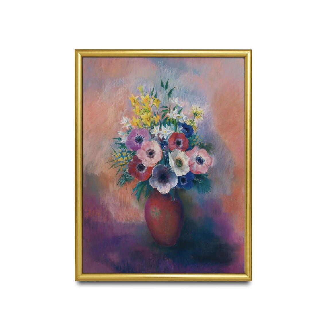 Pastel Anemone Bouquet Red Vase Soft Floral Impressionist Art Poster - Image 2