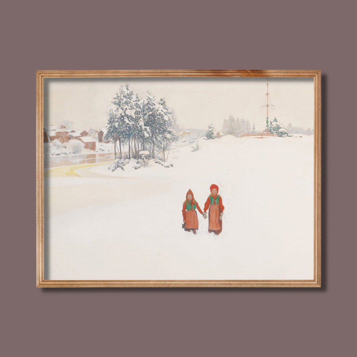 Two Children in Folk Dress Crossing a Snowy Village Winter Poster - Image 3