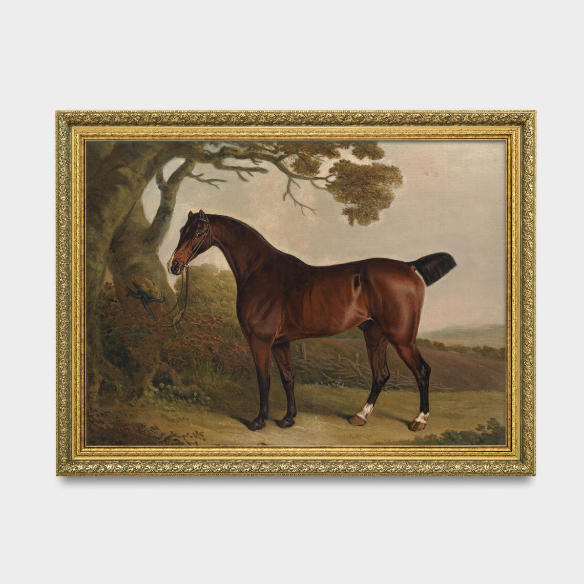 Vintage Bay Horse Under Tree Equestrian Painting Wall Poster - Image 3