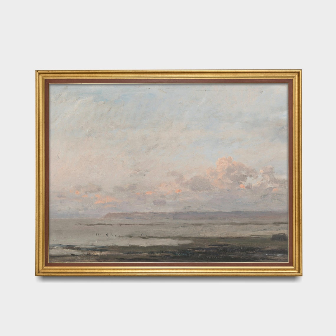 Misty Seascape with Pink Clouds and a Distant Ship Painting Poster - Image 3